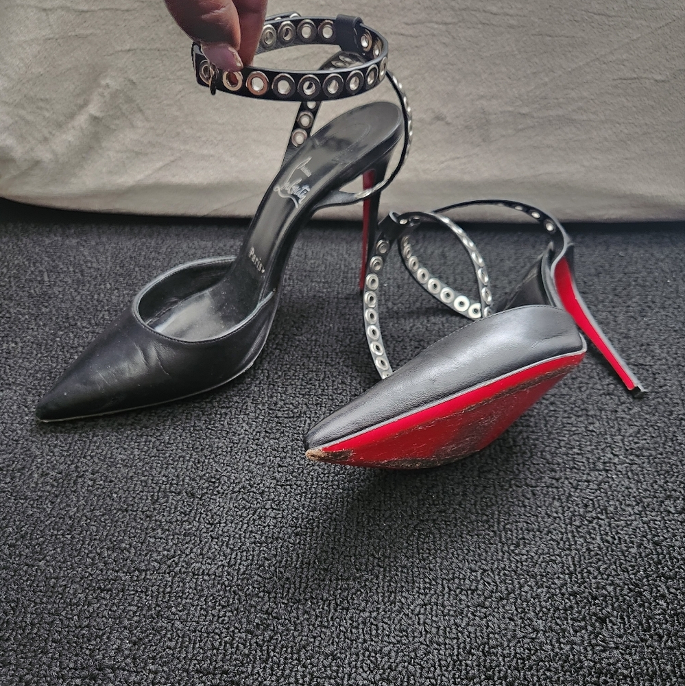Christian Louboutin Pumpaclou 100 heels black with silver metal hardware.  8